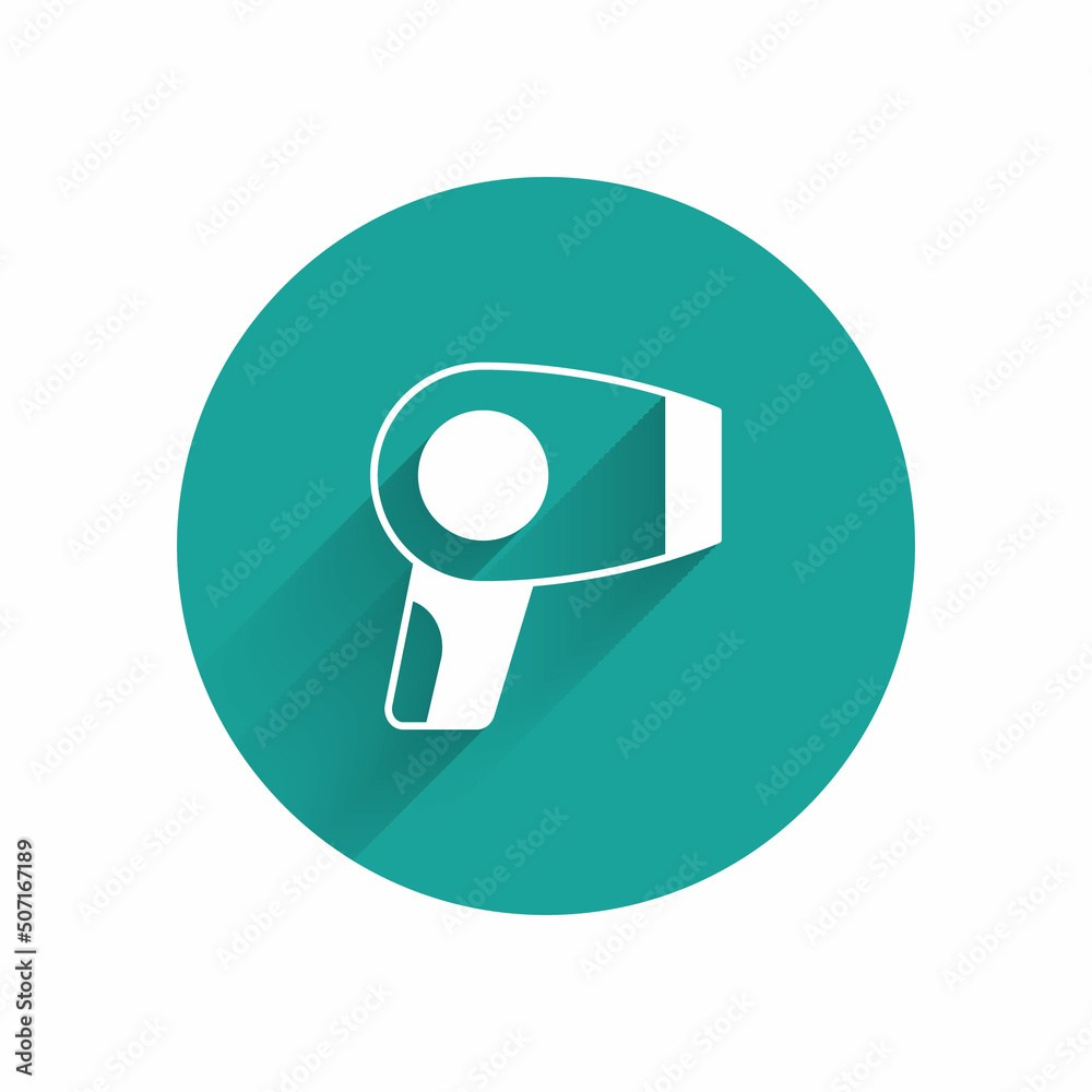 White Hair dryer icon isolated with long shadow background. Hairdryer sign. Hair drying symbol. Blowing hot air. Green circle button. Vector White Hair dryer icon isolated with long shadow background. Hairdryer sign. Hair drying symbol. Blowing hot air. Green circle button. Vector