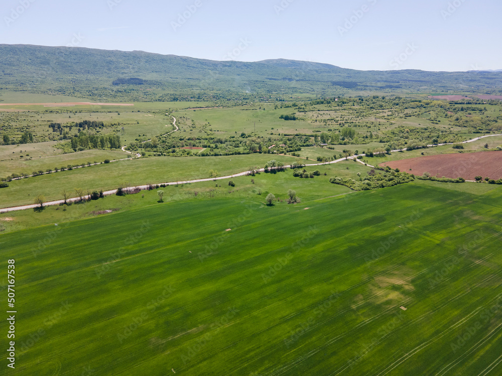 Spring Aerial view of rural land near town of Godech, Bulgaria