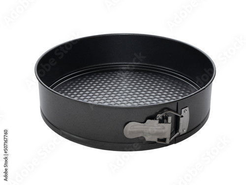 Springform pan for cakes or soft desserts, isolated. Round baking tin with formed base