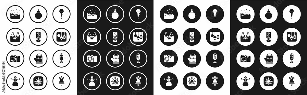 Set Microphone, Stereo speaker, Champagne bottle, Snowfall, Christmas lights, ball, Glass of champagne and Photo camera icon. Vector