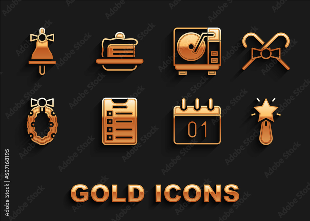 Set New year goals list, Christmas candy cane, star, Calendar, wreath, Vinyl player with vinyl disk, Merry ringing bell and Cake icon. Vector Set New year goals list, Christmas candy cane, star, Calendar, wreath, Vinyl player with vinyl disk, Merry ringing bell and Cake icon. Vector