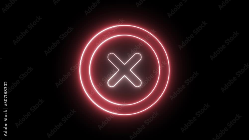 Warning animation. neon Reject symbol in red circle. Round error animation. Cross sign in red circle bouncing. Wrong icon
