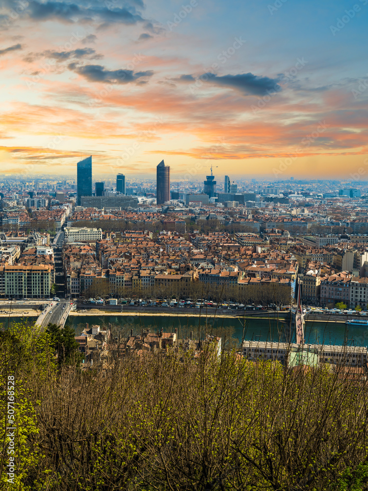 Lyon city during sunset in Auvergne-Rhone France