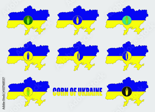 Set of icons of corn cobs on the map of Ukraine in the colors of the national flag. Inscription Corn of Ukraine. Vector illustration.
