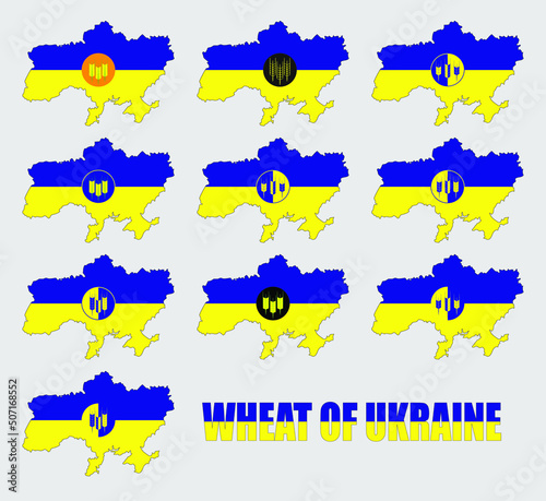 Set of wheat icons on the map of Ukraine in the colors of the national flag. Inscription Wheat of Ukraine. Vector illustration. 