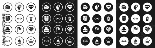 Set USA Independence day, Glasses with stars, Shield, Paper glass straw, Head, and Vote box icon. Vector