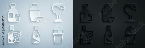 Set Beer bottle  Wine glass  and  Glass of beer  Cocktail shaker with lime and Bottle vodka icon. Vector