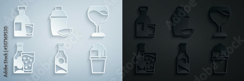 Set Beer bottle, Wine glass, and, Glass of beer, Cocktail shaker with lime and Bottle vodka icon. Vector