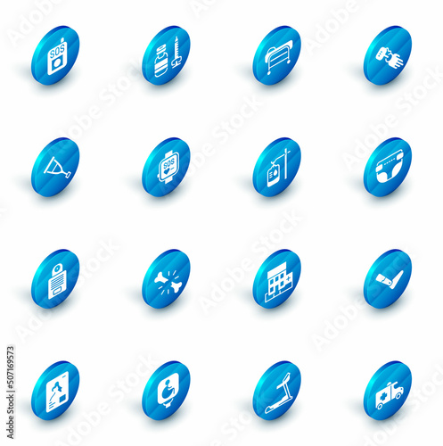Set Syringe, Stretcher, Prosthesis hand, Crutch or crutches, Intercom, Smart watch, Adult diaper and IV bag icon. Vector