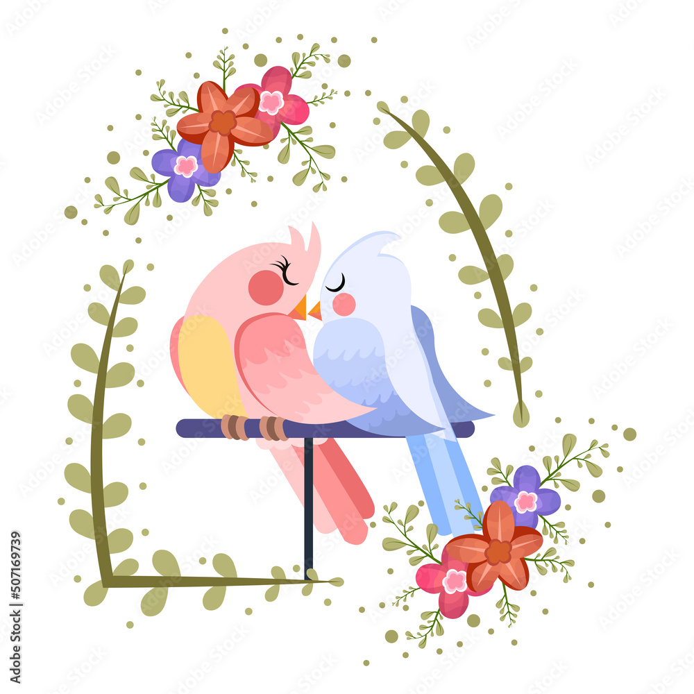 Isolated cute birds in love Floral frame Vector illustration