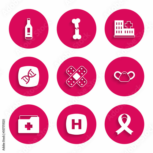 Set Crossed bandage plaster, Hospital signboard, Awareness ribbon, Medical protective mask, Patient record, DNA symbol, building and Digital thermometer icon. Vector