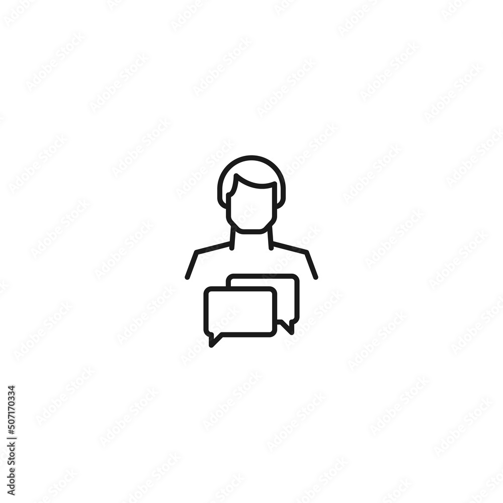 Monochrome sign drawn with black thin line. Modern vector symbol perfect for sites, apps, books, banners etc. Line icon of speech bubbles next to faceless man