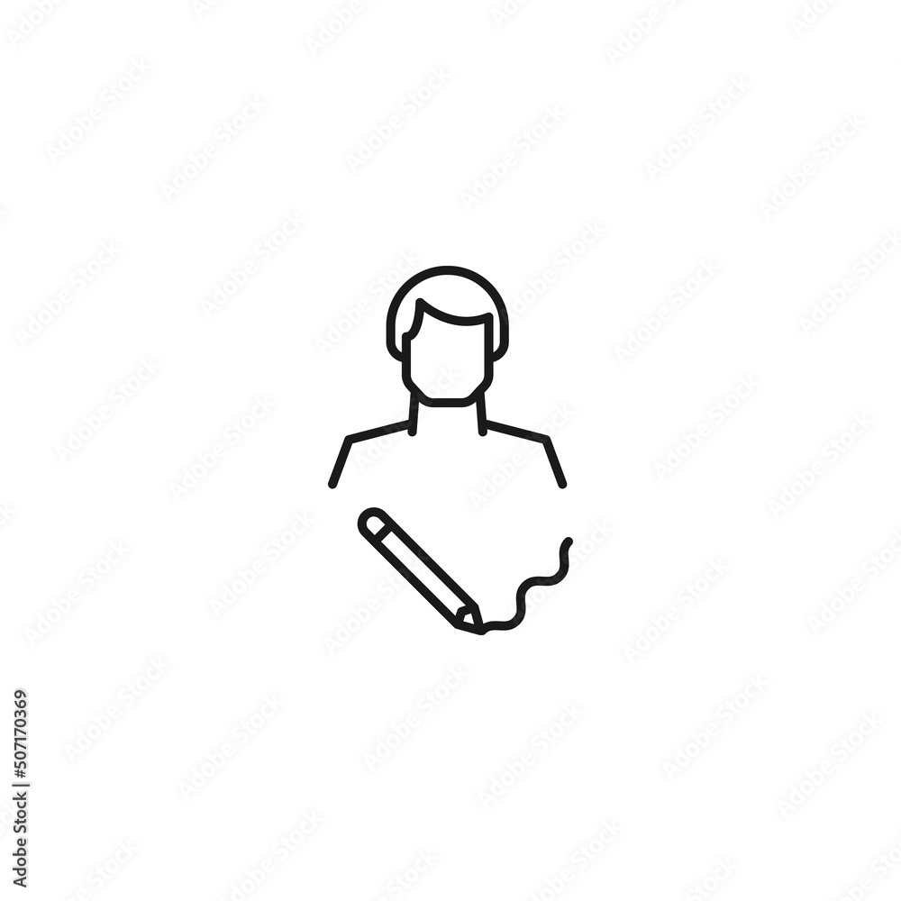Monochrome sign drawn with black thin line. Modern vector symbol perfect for sites, apps, books, banners etc. Line icon of writing pencil next to faceless man Monochrome sign drawn with black thin line. Modern vector symbol perfect for sites, apps, books, banners etc. Line icon of writing pencil next to faceless man