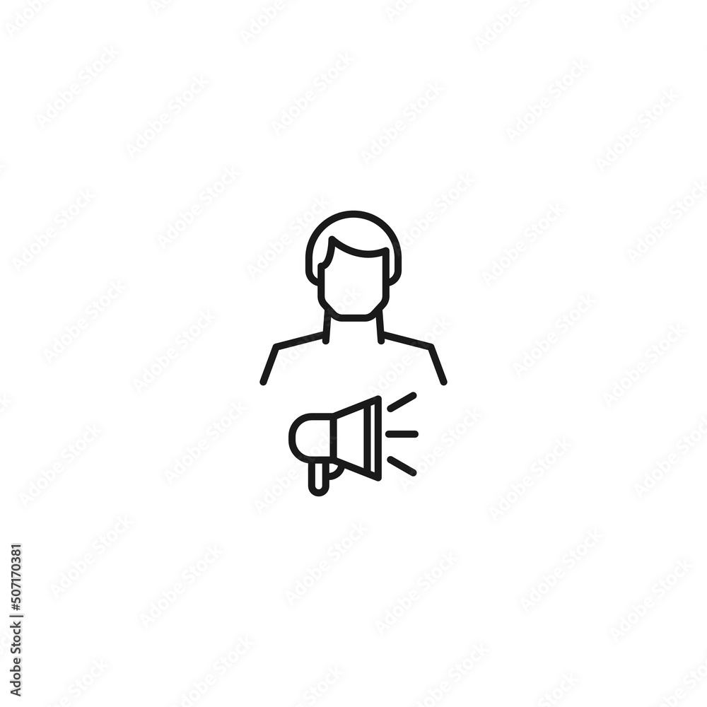 Monochrome sign drawn with black thin line. Modern vector symbol perfect for sites, apps, books, banners etc. Line icon of loud speaker next to faceless man Monochrome sign drawn with black thin line. Modern vector symbol perfect for sites, apps, books, banners etc. Line icon of loud speaker next to faceless man