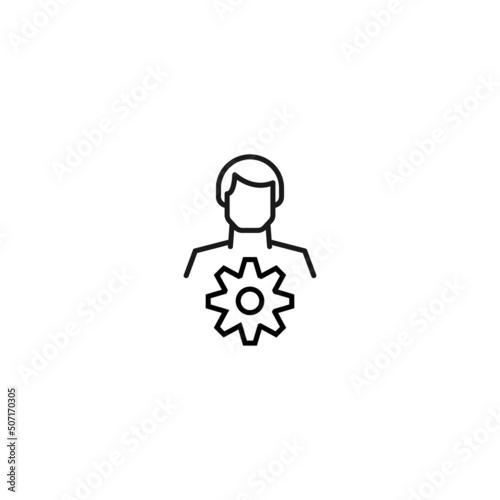 Monochrome sign drawn with black thin line. Modern vector symbol perfect for sites, apps, books, banners etc. Line icon of gear or cogwheel next to faceless man