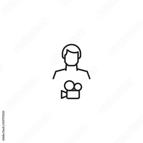 Monochrome sign drawn with black thin line. Modern vector symbol perfect for sites, apps, books, banners etc. Line icon of video camera next to faceless man