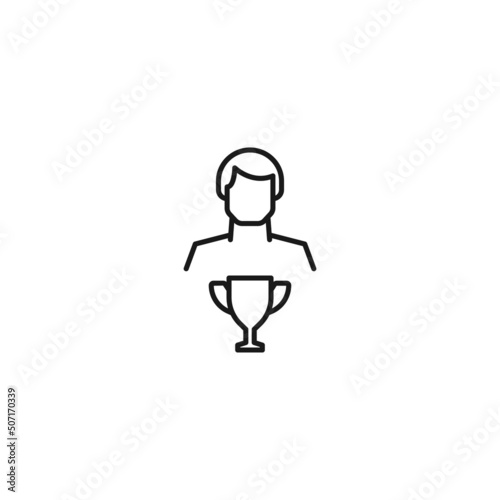 Monochrome sign drawn with black thin line. Modern vector symbol perfect for sites, apps, books, banners etc. Line icon of winner cup next to faceless man