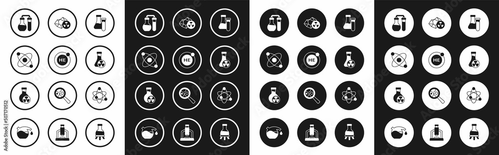Set Test tube, Helium, Atom, with toxic liquid, Radioactive, and icon. Vector Set Test tube, Helium, Atom, with toxic liquid, Radioactive, and icon. Vector