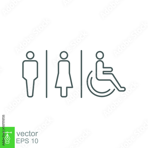 Male, female, handicap toilet sign icon. WC, unisex bathroom concept. Vector illustration isolated on white background. EPS 10.