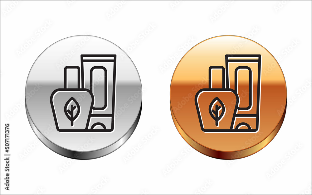 Black line Ointment cream tube medicine icon isolated on white background. Tube, container, toothpaste, cream sign. Silver-gold circle button. Vector Black line Ointment cream tube medicine icon isolated on white background. Tube, container, toothpaste, cream sign. Silver-gold circle button. Vector