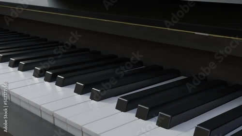3D rendering animation of a camera moving over a piano keyboard