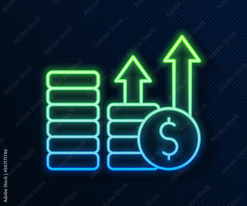 Glowing neon line Financial growth and dollar coin icon isolated on blue background. Increasing revenue. Vector Glowing neon line Financial growth and dollar coin icon isolated on blue background. Increasing revenue. Vector