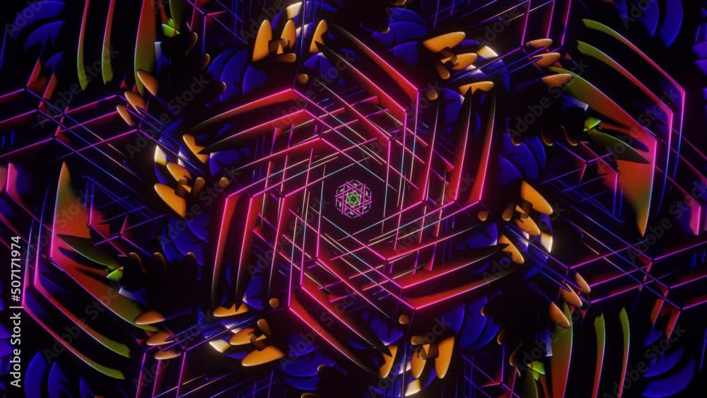 Beautiful colorful trippy pattern animation visual 3D mandala spiritual tunnel with sacred geometry light. 3D graphics for music stage transition, shows, retro, hitech.