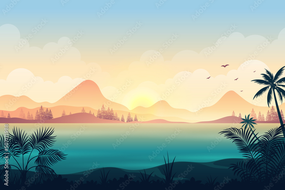 Ocean Landscape with silhouettes of mountains and tropical floral