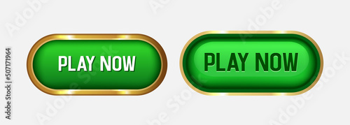 Play now. Two green buttons with a golden frame. Vector clipart isolated on white background. photo