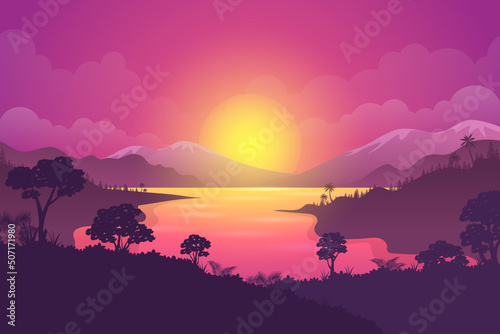 Sunset Landscape with silhouettes of mountains and river background © Astira