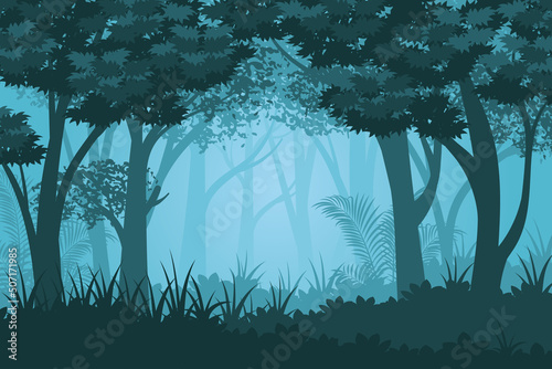 Tropical forest with silhouettes of leaves and trees nature background