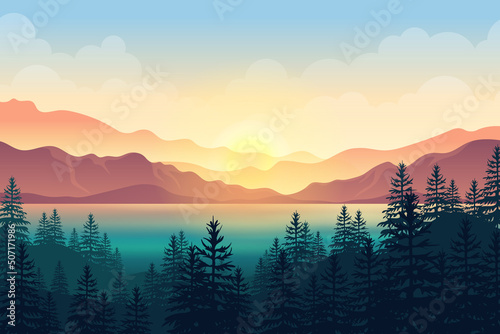 Fotografia Beautiful view ocean sunset and pine forest and mountain range
