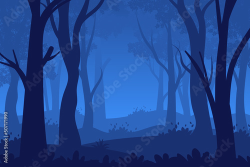 Deciduous forest with silhouettes of leaves and trees nature background