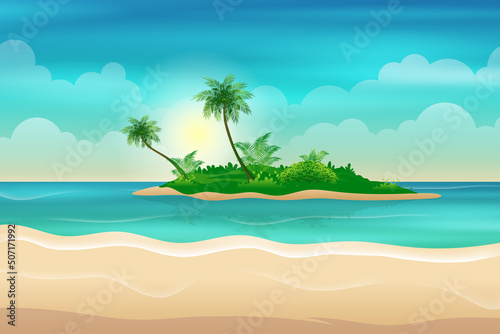 Beach shore line with small island palm trees during daytime