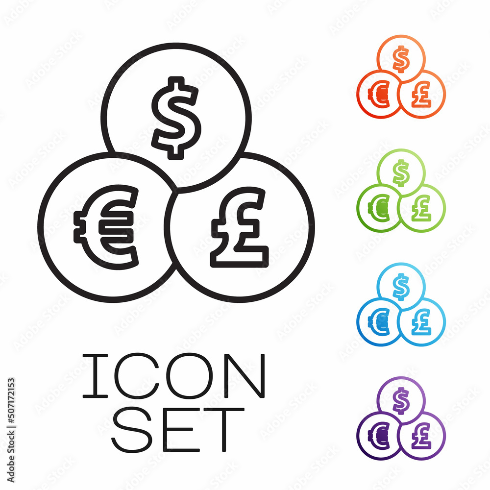 Black line Currency exchange icon isolated on white background. Cash transfer symbol. Banking currency sign. Set icons colorful. Vector Black line Currency exchange icon isolated on white background. Cash transfer symbol. Banking currency sign. Set icons colorful. Vector