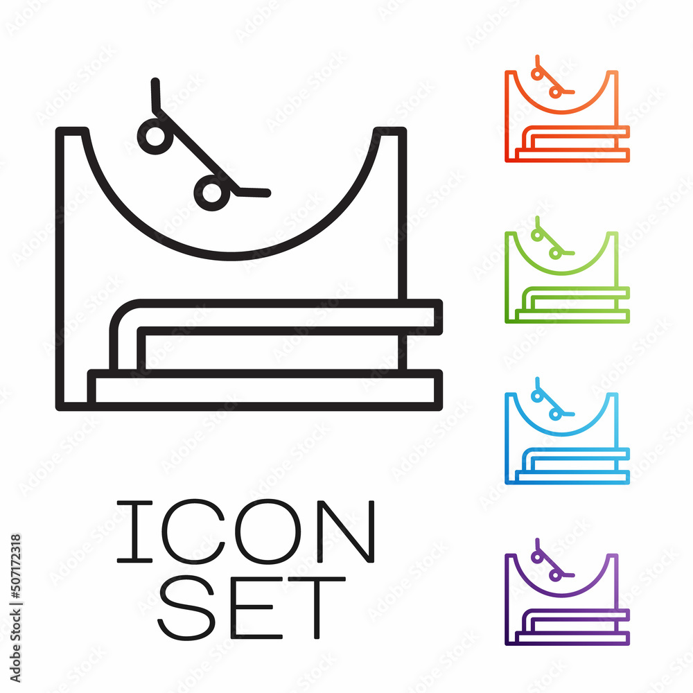 Black line Skate park icon isolated on white background. Set of ramp, roller, stairs for a skatepark. Extreme sport. Set icons colorful. Vector Black line Skate park icon isolated on white background. Set of ramp, roller, stairs for a skatepark. Extreme sport. Set icons colorful. Vector