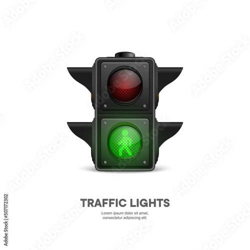Vector Banner with 3d Realistic Detailed Road Traffic Lights Isolated on White Background. Safety Rules Concept, Design Templete. Stoplight, Traffic Lights Template