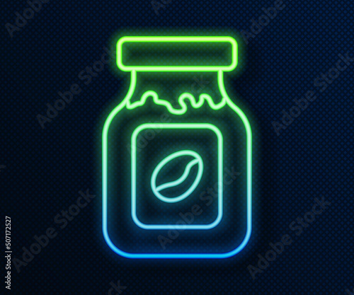 Glowing neon line Coffee jar bottle icon isolated on blue background. Vector