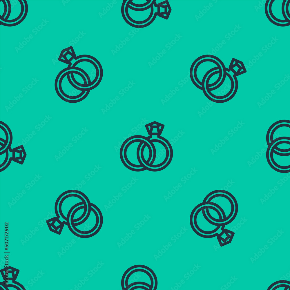 Blue line Wedding rings icon isolated seamless pattern on green background. Bride and groom jewelry sign. Marriage symbol. Diamond ring. Vector Blue line Wedding rings icon isolated seamless pattern on green background. Bride and groom jewelry sign. Marriage symbol. Diamond ring. Vector