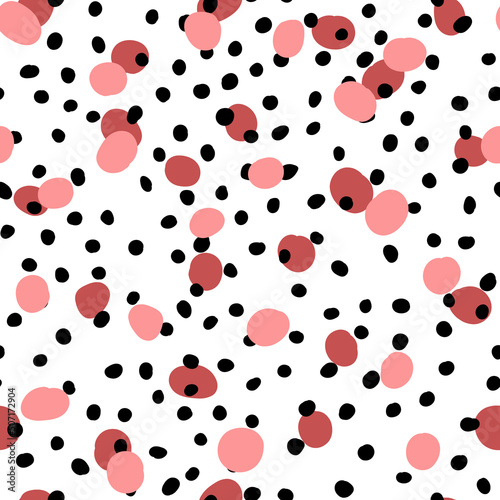Abstract hand drown polka dots background. White dotted seamless pattern with color circles. Template design for invitation, poster, card, flyer, textile, fabric