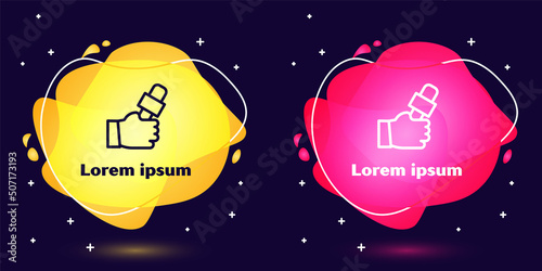 Set line Journalist hand holding microphones performing interview icon isolated on blue background. Abstract banner with liquid shapes. Vector