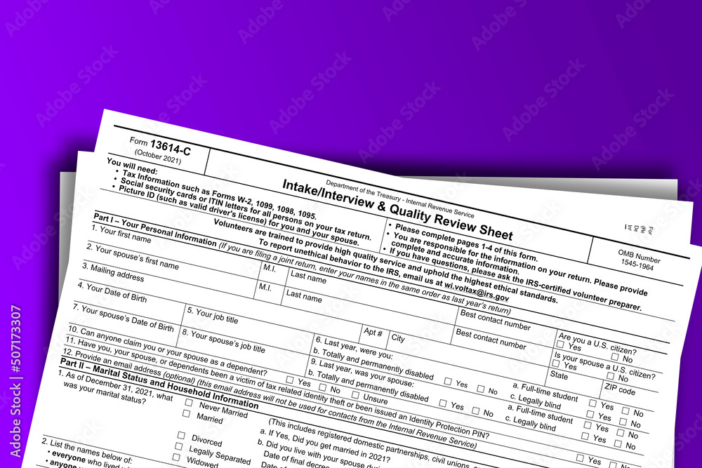 Form 13614-C documentation published IRS USA 44207. American tax document on colored Form 13614-C documentation published IRS USA 44207. American tax document on colored