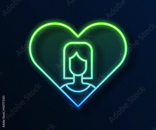 Glowing neon line Heart with female icon isolated on blue background. Venus symbol. The symbol for a female organism or woman. Vector