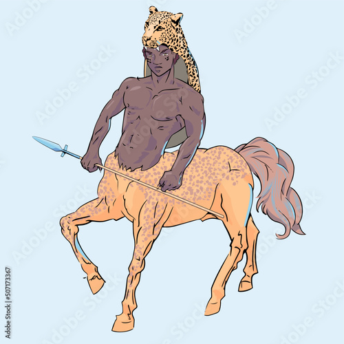 t-shirt design of an African centaur with spear and leopard skin. mythological character