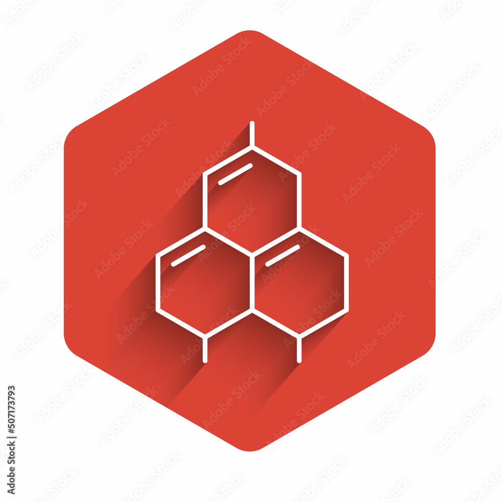 White line Chemical formula icon isolated with long shadow background. Abstract hexagon for innovation medicine, health, research and science. Red hexagon button. Vector White line Chemical formula icon isolated with long shadow background. Abstract hexagon for innovation medicine, health, research and science. Red hexagon button. Vector