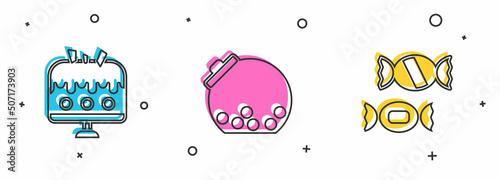 Set Cake on plate, Glass jar with candies inside and Candy icon. Vector