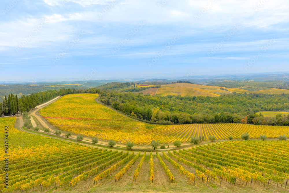 Travel vacation in the vineyard terraces by the brolio Castle. Panoramic landscape in Radda in Chianti town of Tuscany in Italy. Famous for in Chianti wine in Siena province.