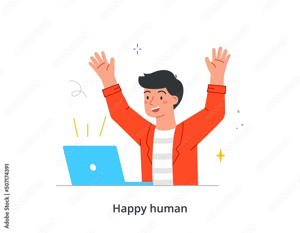 Happy lucky person concept. Smiling man looks at laptop, raises his hands up and rejoices in victory or success. Character celebrates and surprised. Cartoon flat vector illustration in doodle style Happy lucky person concept. Smiling man looks at laptop, raises his hands up and rejoices in victory or success. Character celebrates and surprised. Cartoon flat vector illustration in doodle style