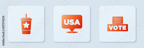 Set USA Independence day, Paper glass with straw and Vote box. White square button. Vector