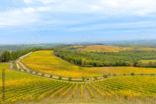Travel vacation in the vineyard terraces by the brolio Castle. Panoramic landscape in Radda in Chianti town of Tuscany in Italy. Famous for in Chianti wine in Siena province. © bennymarty